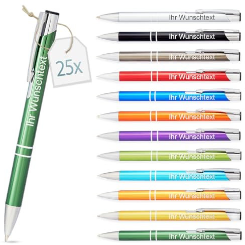 Kugelschreiber mit Gravur | personalisierter Stift mit Wunschtext | blaue Mine | Werbegeschenk & Werbeartikel | personalisierte Kulis für Hochzeit, Büro & Schule (Grün, 25 Stück)