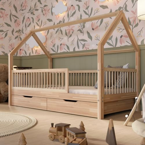 Crazy Pine Hausbett mit Schubladen 120x200 cm – Montessori Kinderbett aus stabilem Kiefernsperrholz mit Rausfallschutz – Sicheres Kinderbett mit Stauraum, Leichter Aufbau – Crazy Fiona