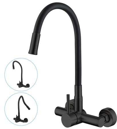 Grifo Cocina Pared Negro con Conector 3/4'' Pulgadas, 2 Tipos Chorro Agua | Grifo de Pared de Acero Inoxidable con Conector 3/4'' pulgadas Para Lavavajillas Lavadora, Grifo de Cocina con Caño Flexible