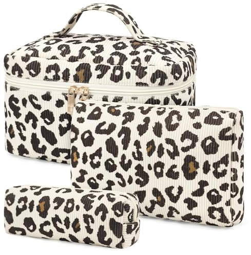 YMIFEEY 3 Stück Leo Kosmetiktasche Damen Cord Kulturtasche Kulturbeutel Make Up Tasche Groß Klein Set, Schminktasche Makeup Cosmetic Bag Waschtasche Reise Beautycase für Frauen (Leo-Cord)