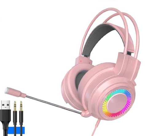 CHEOTIME Gaming Headset for PC, Gaming Wired Headset, 7.1 Sound Channel Gaming Headphones with Mic, Computer Headset with 3.5mm Headphones Jack for Gaming (Pink)