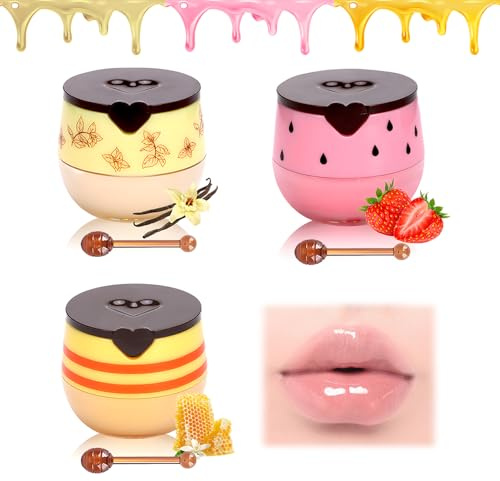 3PCS Honey Bee Lip Balm UK Lips, Natural Moisturizing Bee Lip Balm Pot, for Moisturizing Preventing Dry Cracked, Strawberry, Vanilla, Honey