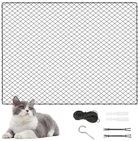 Red para Gatos de Balcón Staranry 3x2 m, Red de Seguridad para Gatos Reforzada con Alambre sin Taladrar, Red Protectora Negra para Balcón y Ventana, Resistente a Mordidas y Desgarros