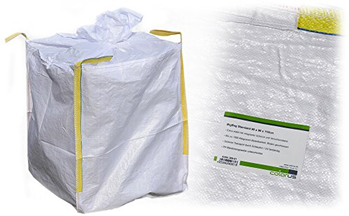 Colorus BigBag Standard Sack 90 x 90 x 110 cm | Schuttsack Entsorgungssack 1000 kg belastbar | Geschlossener Boden, 4 Hebeschlaufen, mit Verschluss-Schürze| Sandsack Steinsack