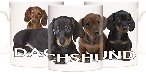 KAZMUGZ Dachshund Dog Mug, 11oz Ceramic Mug with Four Cute Pictures of Sausage Dogs. Dachshund Gift
