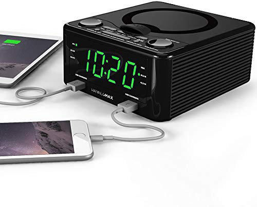 Hannlomax HX-300CD CD Clock Radio, PLL FM Radio, 1.2 Digital Clock, Dual Alarm, USB Ports 2.1A & 1.2A Charging, Aux-in