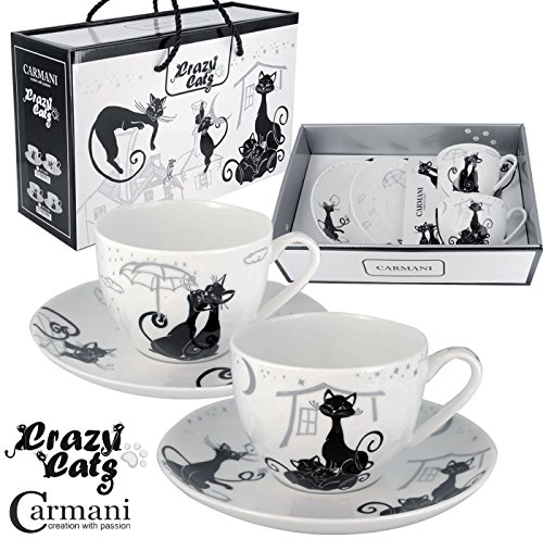 Carmani - Fantasia tazza e piattino di te set di 2 decorato con 'Gatti pazzi' 200 ml