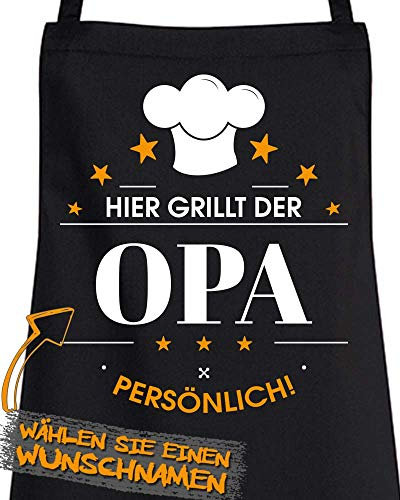 Comedy Grill Schürze - Hier GRILLT DER Wunschname PERSÖNLICH - Motiv 3 - Schwarz/Weiss-Orange