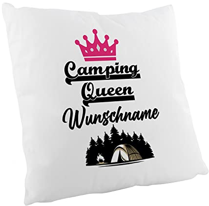 Crealuxe Camping Queen Wunschname Flauschiges Zierkissen, Sofakissen, bedrucktes Kissen, Baumwollkissen