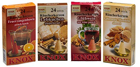 Knox 4er Räucherkerzen Set Weihnachtsmarkt - Lebkuchen + gebrannte Mandel + Glühwein + Feuerzangbowle - Größe: M - 96 Stück - Made in Germany