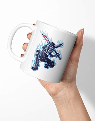 BLAK TEE Ninja with Sword and Blue Aura Illustration Porcelain Coffee and Tea Mug 330 ml