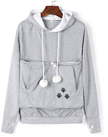 Damen Pullover Kapuzenpullover mit Katzen Hund Tasche Hundetasche Katze Sweatshirt Pulli Hoodie Kapuze Katzenpulli Beutel Langarm Herbst Winter große größen (M)