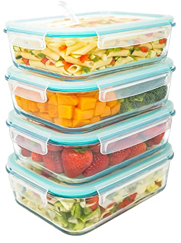LG Luxury & Grace Lot de 4 Boîtes Alimentaires en Verre 1500 ML. Récipient Hermétique avec Valve de Vapeur. Boîtes de Conservation pour Micro-Ondes, Four, Lave-Vaisselle et Congélateur. sans BPA.