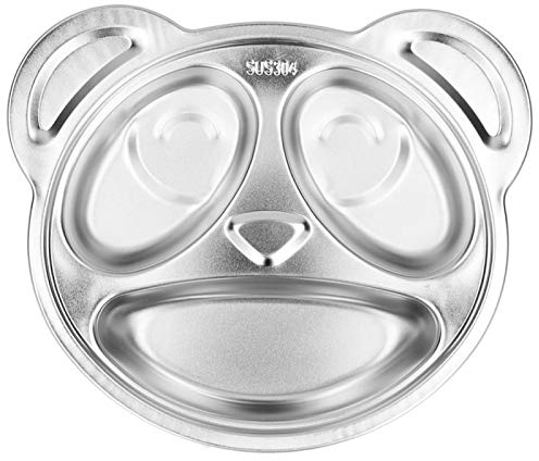 Nivvity Assiette à compartiments en acier inoxydable 304 pour enfants, 3 compartiments, en forme de panda, vaisselle polyvalente pour la maternelle