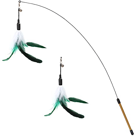Pawaboo Plumeau de Jeu pour Chat, Canne à Pêche avec Une Baguette Extra Large de 88cm et Une Petite Clochette, Jouet Plumeau à Plumes pour Chat Chaton, Bâton Jouet Fil Chaser, Plume Blanche & Verte