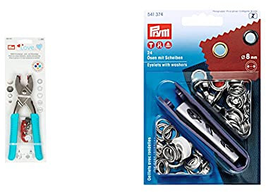 Prym 390901 Love Vario-Zange mit Loch-/Color Snaps Werkzeug mint & 541374 Ösen und Scheiben 8,0 mm, Messing silberfarbig