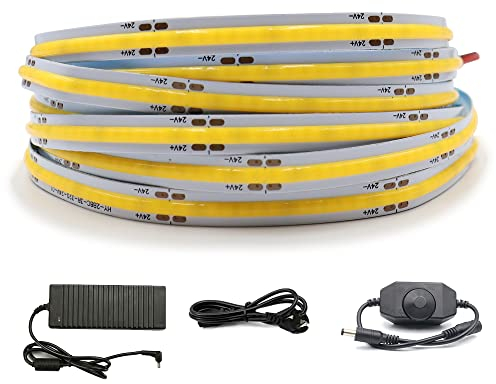 Arotelicht COB LED Strip 5m 24V COB LED Streifen warmweiß 3000K dimmbar COB LED Band Lichterkette Hohe Dichte 320 LEDs/M inklusive Adapter und Dimmer IP20 für Schlafzimmer Küche Home Innendekoration