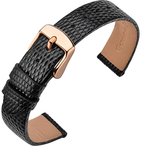 ANNEFIT Uhrenarmband 12mm Leder für Damen, Eidechsen-Prägung Ersatzarmband mit Edelstahl Roségold Schnalle (Schwarz)