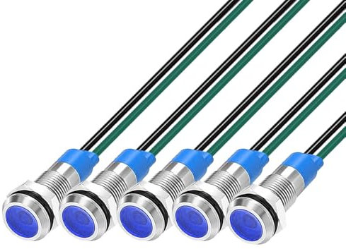 Gebildet 5 Stück 6mm 3V-4.5V-5V-6V-7.5V-9V LED Metall Kontrollleuchte Wasserdichte Signallampe Pilot Dash mit Draht (Blaut)