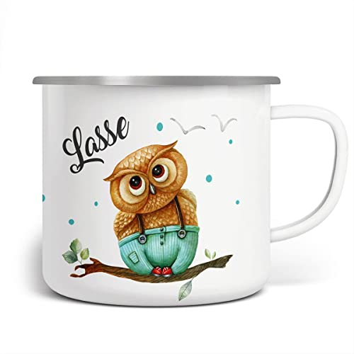 miKalino Emaille Tasse Eule auf Ast personalisiert mit Namen | handbedruckt in Deutschland, Farbe:weisssilber, Grösse:300ml