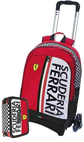 Trolley Scuderi Ferrari Kids mit abnehmbarem organisiertem Rucksack + Federmäppchen mit 3 Etagen + gratis Schlüsselanhänger Pfeife und farbigem Stift