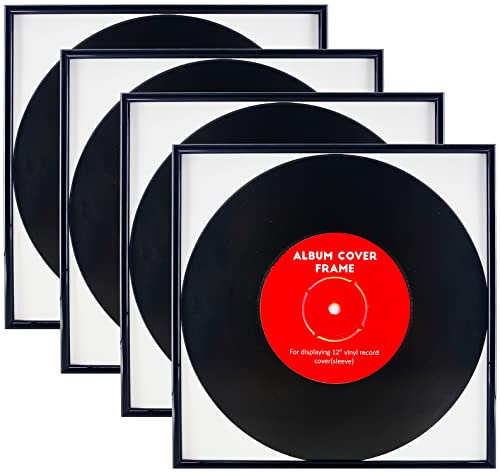 SENYEPETS Senye 4 x schwarzer Musikplatten-Albumrahmen, Display 31,8 x 31,8 cm, Musik-Vinyl-LP-Album-Cover, helles Klavier-Finish, Folienrahmen, inklusive Aufhänger