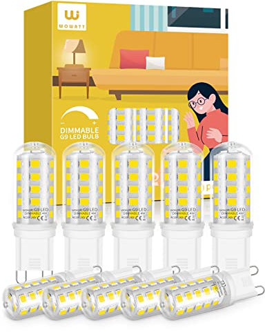 wowatt G9 LED Bulbs Dimmable Cool White 6000K, 10 Pack, 4W G9 LED Light Bulbs Equivalent to 40W G9 Halogen Bulbs, No Flicker LED G9 Bulbs,400LM, CRI>83, AC 220-240V