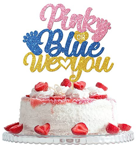Pink or Blue We Love You Cake Topper, Boy or Girl Gender Reveal Party Decorations, Kids Boys Girls Birthday - Baby Shower Theme Party Cake Decors, Gold