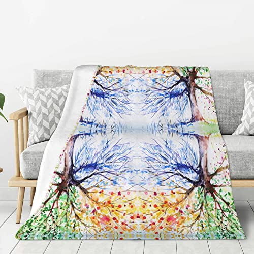 Schöne 4-Jahreszeiten-Baum-bedruckte Decke, verdickte Decke, weiche Decke für Sofa, Bett, Wohnzimmer, Schlafzimmer (203,2 x 149,9 cm)
