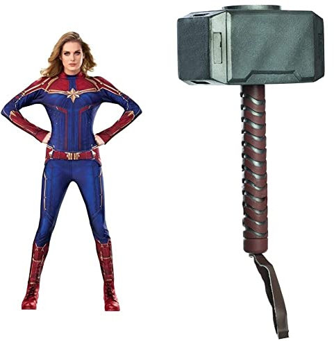 Rubie's Official Captain Marvel Hero Suit, Adult Ladies Costume Deluxe, Size X-Small & Official Child's Marvel Avengers Assemble Thor Hammer, One Size, Multi-Coloured