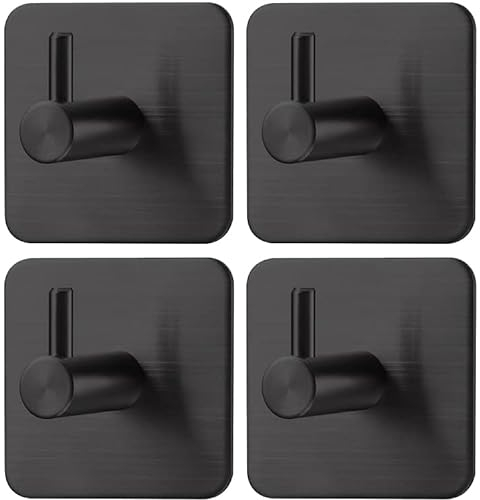 Drenky 4 Stück Klebehaken Extra Stark,Klebehaken Schwarz Edelstahl SUS 304 Wasserdicht Handtuchhaken Selbstklebend Multifunktional Haken Ohne Bohren Mit Klebepads für Badezimmer und Küche