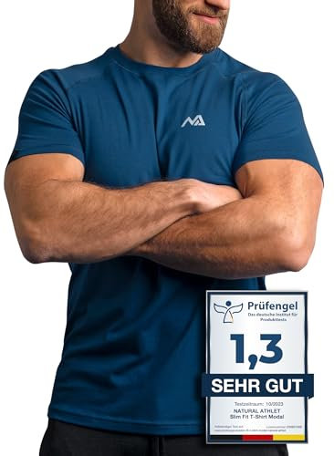 Natural Athlet Slim-Fit Fitness Tshirt für Herren – Enges & langes atmungsaktives Männer Kurzarm Gym T-Shirt – für Sport, Gym, Fitnessstudio, Workout, Bodybuilding und Krafttraining – Blau