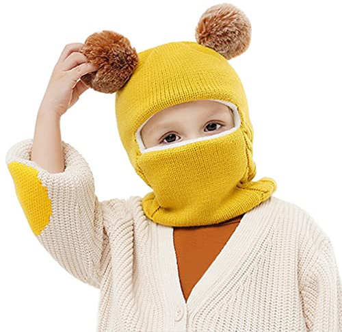 Wintermütze Baby Schlupfmütze mit Bommel Warm Niedlich Strickmütze Schalmütze Balaclava Mütze Beanie Sturmhaube Babymütze (Einheitsgröße,Gelb)