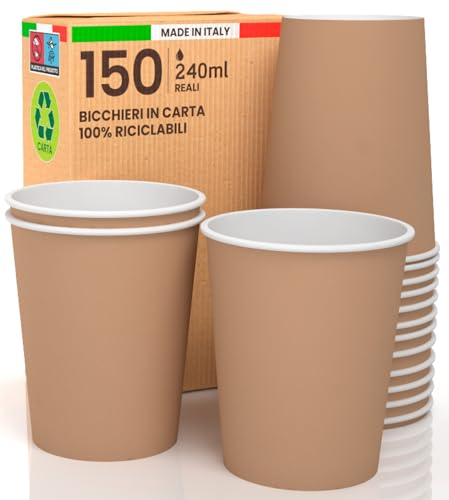 150 Bicchieri in Carta Color Avana 240ml Ecologici Biodegradabili Monouso Made in Italy Asporto Bevande Calde Acqua - Prodotto e confezionato in Italia