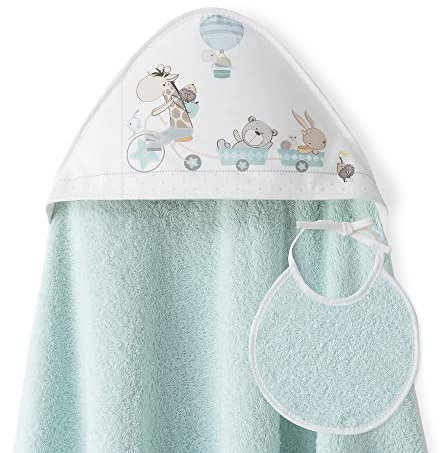 Interbaby - Capa de Baño Bebe Verde + Babero | Toalla Bebe con Capucha 100% Algodón, 100x100cm, Unisex | Suave, Cómoda, Ideal Recién Nacidos, Bebes y Niños Pequeños | Diseño Jirafa Bicicleta