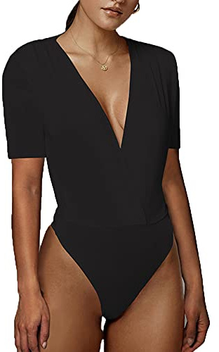 TTPSRY Body Damen Kurzarm Vausschnitt Bodysuit Elegant Tiefer Ausschnitt Bodys für Frauen Oberteil Figurbetont Blusenbody Kurzarmbody Einteiler Formgebend