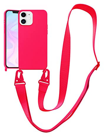 VooDirop Compatible with iPhone 12 Case with Lanyard Crossbody iPhone Case with Strap Adjustable Shockproof Drop Protection Silicone Phone Cover for iPhone 12 6.1’’ Neon Pink