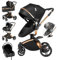 MoLi PU-Leder Kinderwagen 3 in 1, Kinderwagen mit 360° Drehbarem Cabrio-Sitz, Buggy mit Großer Bequemer Babywanne, Faltbar Kombikinderwagen 3 in 1 Rahmen Aluminiumlegierung Hohe Landschaft (906 Noir)