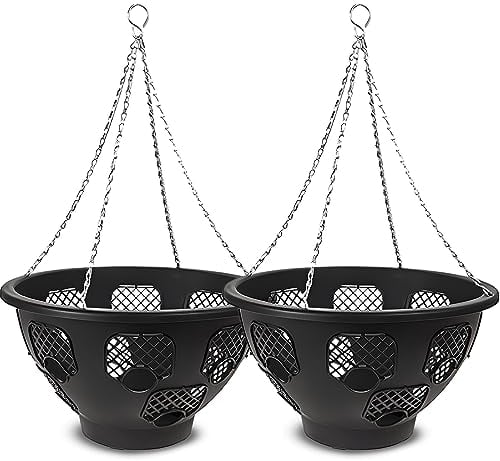Original Easy Fill Set of 2 Hanging Basket - 14 Inch Black Hanging Planters for Balcony, Indoor, or Outdoor - Plastic Basket for Herb, Flowers, or Plants