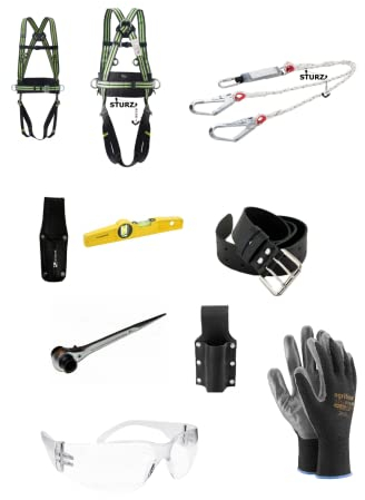 SET Profi Absturzsicherung für Gerüstbau Bau Hebebühne, Auffanggurt, Y-Falldämper, Gerüstbauratsche, Schutzbrille, Magnet Wasserwaage, Gürtel