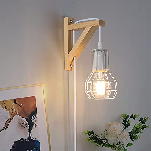 SUNLLOK Moderne Weiß Holz Wandleuchte mit Stecker Schalter, Vintage Rustikales Innen Wandlampe Verstellbare Hängende Wandhalterung, Industrie Lese Leuchten Deko für Wohnzimmer Bad Schlaf Kinderzimmer