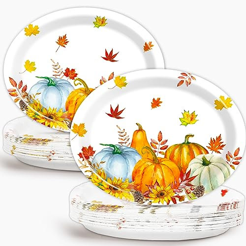 50PCS Fall Oval Paper Plates Large 11” Disposable Thanksgiving Party Decorations Autumn Supplies Favor for Pumpkins Theme Party Platters Maple Leaf Heavy Duty Dish Gathering Dinner Party Tableware Set