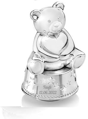 Brillibrum Design Kinder Spardose mit Spieluhr Bär Herz aus Metall versilbert Baby-Spieluhr Geschenk Taufe Einschlafhilfe Melodie La Vie en Rose (Gravur bis 25 Zeichen)