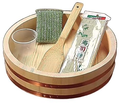 Bafnsiji Cubo de arroz de Sushi japonés de Madera, Tazón de enfriamiento de arroz de Sushi, Tazón de arroz de Sushi de Tina de Mezcla de arroz, Kit de Accesorios para Servir de Sushi de 5 Piezas