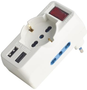 Adattatore Multiprese 5 In 1, 2 Porte USB (C + A), 2 Prese Bipasso 10A/16A, 1 Presa Schuko Universale, Interruttore, Spina Piccola 10A a 90° Salvaspazio