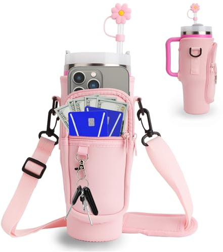 Pochette Bouteille Eau pour Stanley 40oz Cup,avec Sangle Ajustable et Poche pour Téléphone,Porte Gourde sac à dos avec Couverture de Paille & Mousqueton,pour la Marche et le Fitness (Rose)