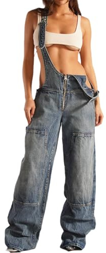 TACSTRUN 90er-Jahre-Vintage-Jeans-Overall für Damen, sexy, hohler Jeans-Overall mit weitem Bein,Blau,S