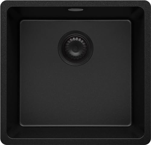 PRIMAGRAN Fregadero bajo Encimera Todo Negro 46x44cm, Cocina 1 Seno + Sifón, Granito al mueble 50cm - Venecia Easy S007