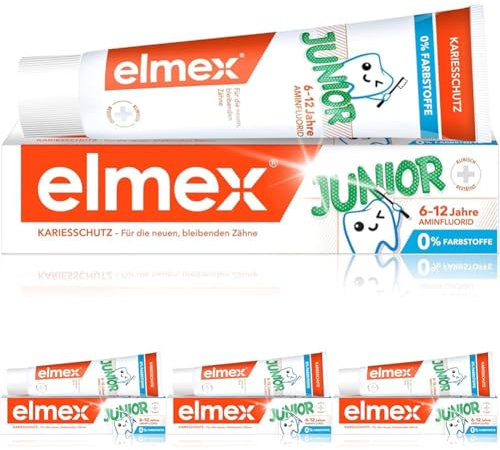 elmex Zahnpasta Junior 6-12 Jahre 75ml – medizinische Zahnreinigung mit 1400 ppm Fluoridgehalt für hochwirksamen Kariesschutz – stärkt die neuen, bleibenden Zähne (Packung mit 4)