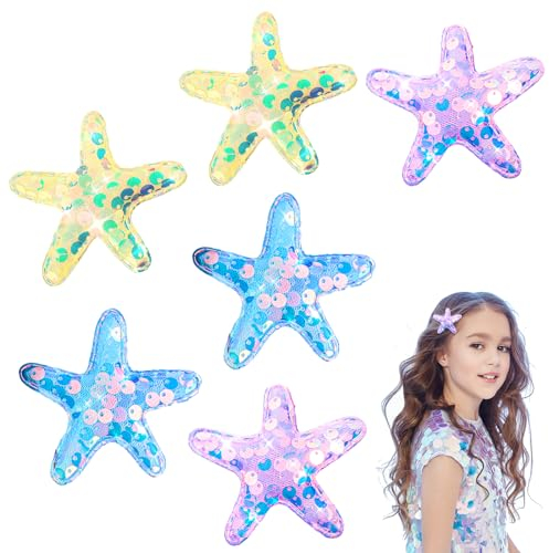 Amabro 6 Stück Seestern Haarspangen, 6 cm Stern Haarspangen Seestern Haarspangen Seestern Haar Accessoires Pailletten Haarnadeln glitzerndes Haar Alligator Haarklammer für Frauen Kind(A)